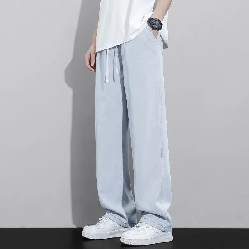 Street Fashion Trend Loose Versatile Wide Leg Jeans Men Elastic Waist