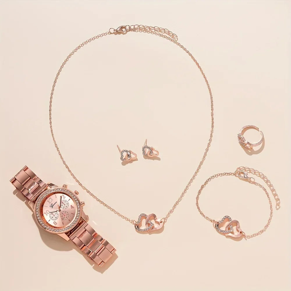 6PCS Set Rose Gold Luxury Watch Women Ring Necklace Earring Rhinestone