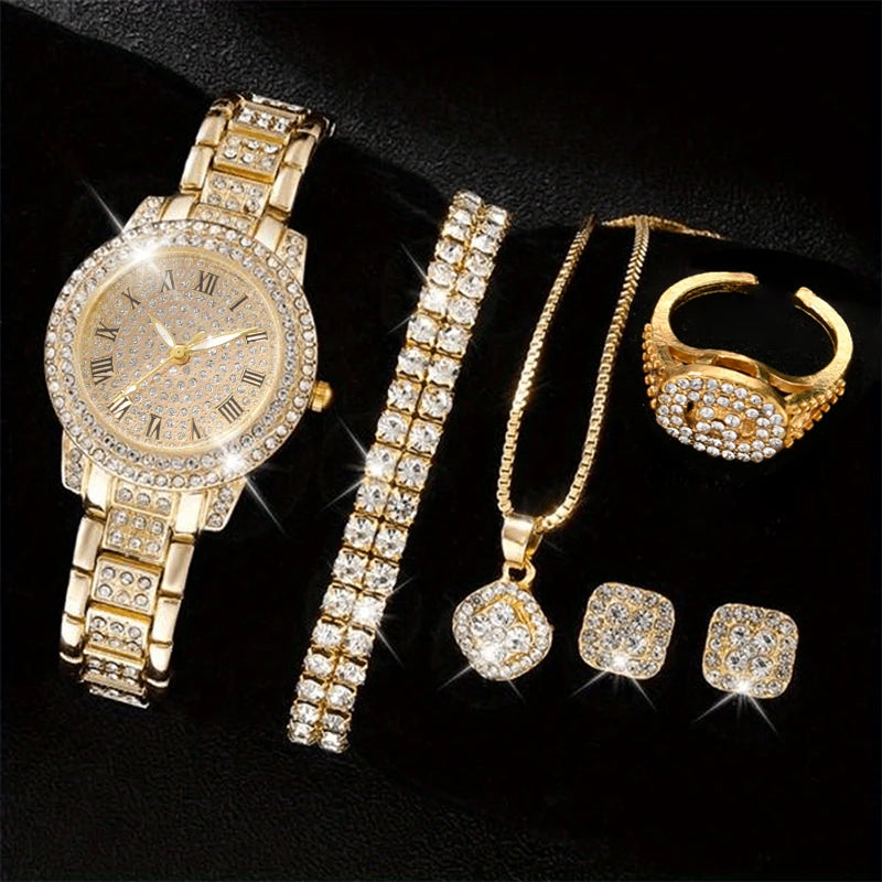 6PCS Women Watch Luxury Elegant Alloy Watch Crystal Wristwatch For