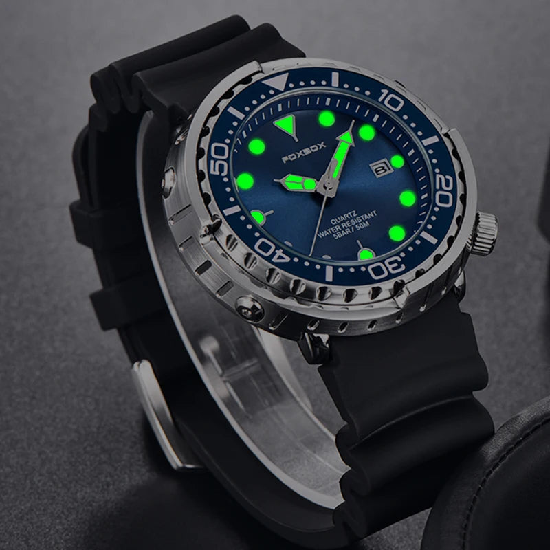 FOXBOX  Top Brand Fashion Diver Watch Men 50ATM Waterproof Date Clock