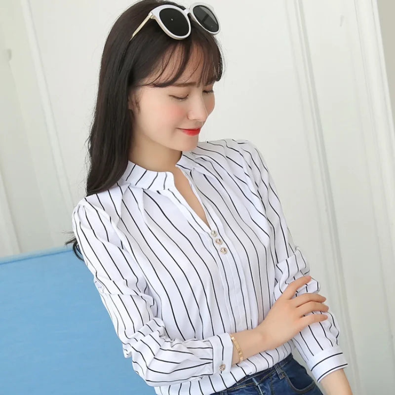 Stripe Women Blouse Fashion Standing Collar Women's Shirt Long Sleeved