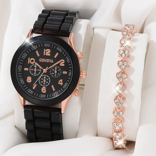 2PCS Set Luxury Watch Women Rhinestone Fashion Quartz Wristwatch