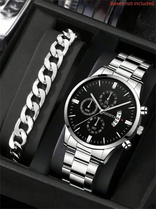 2pcs Luxury Men Business Watch Stainless Steel Calendar Big Dial