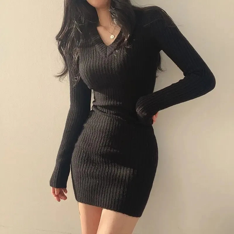 Women Knit Slim Sexy Bodycon Dress V-Neck Long Sleeve Dress Solid