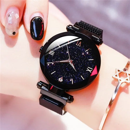 Womens Fashion Starry Sky Watches Magnet Buckle Mesh Belt Diamond