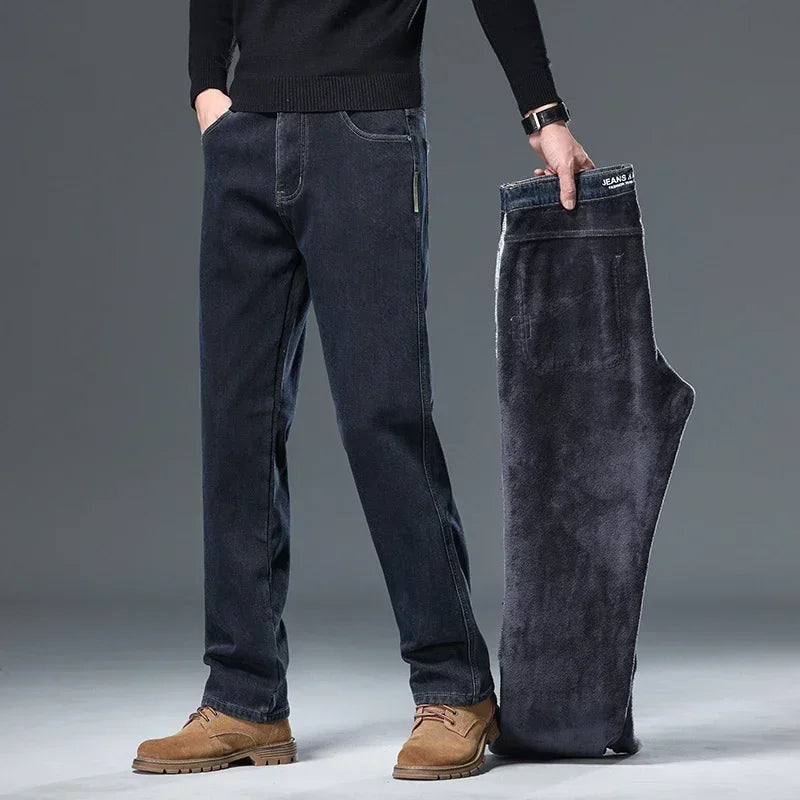 Winter Korean Fashion Brushed Jeans for Men's Thickened Warm Elastic