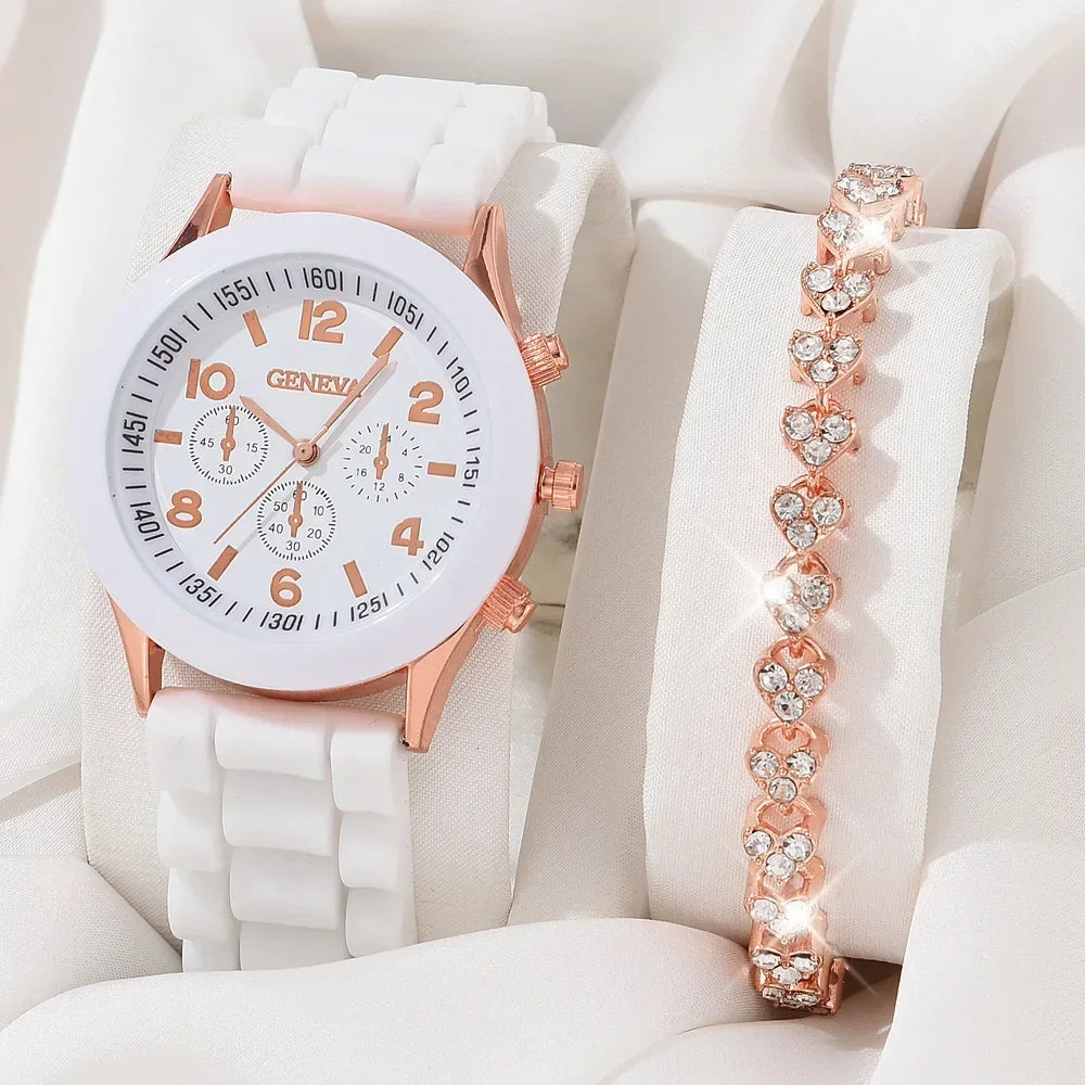 2PCS Set Luxury Watch Women Rhinestone Fashion Quartz Wristwatch