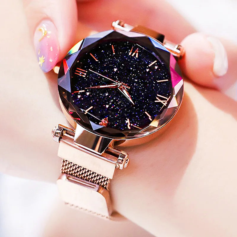 Womens Fashion Starry Sky Watches Magnet Buckle Mesh Belt Diamond