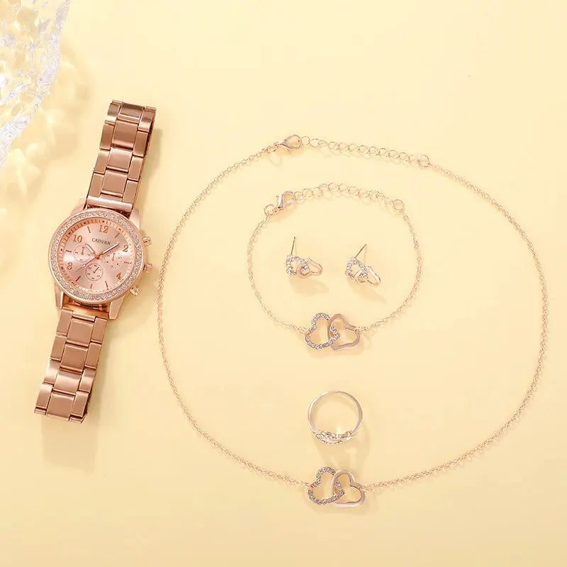 6PCS Set Rose Gold Luxury Watch Women Ring Necklace Earring Rhinestone