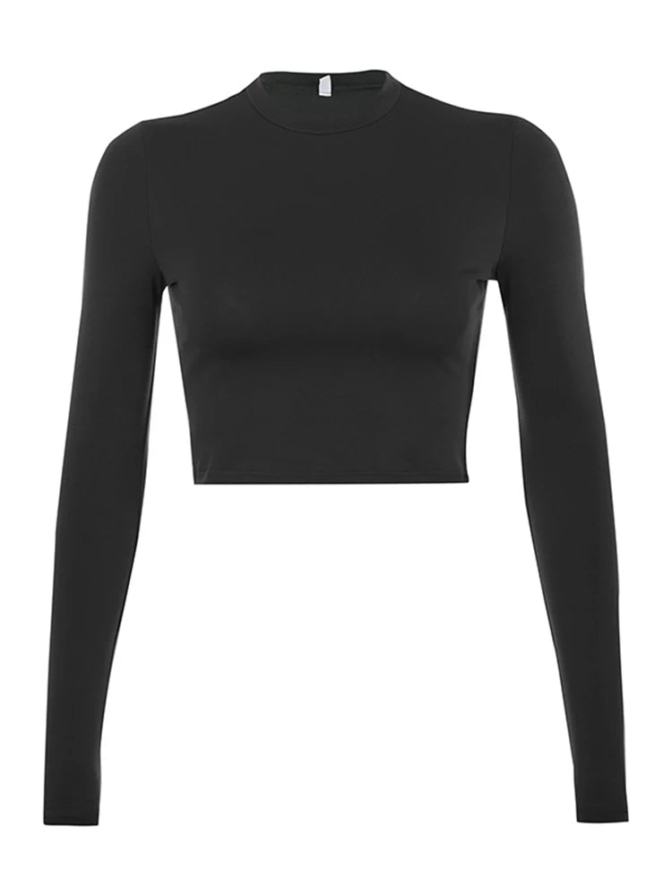 Solid Basic Long Sleeve Womens Tshirt Casual Black White Fashion Crop