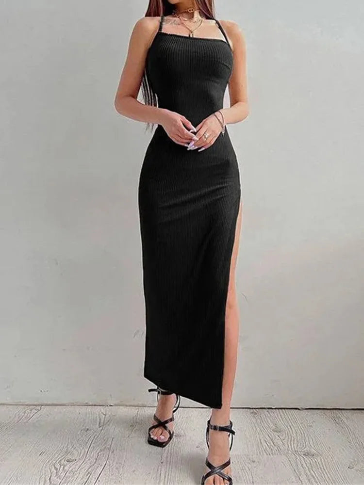 Sexy Black Long Bodycon Dress Women Summer Sleeveless Blackless Halter