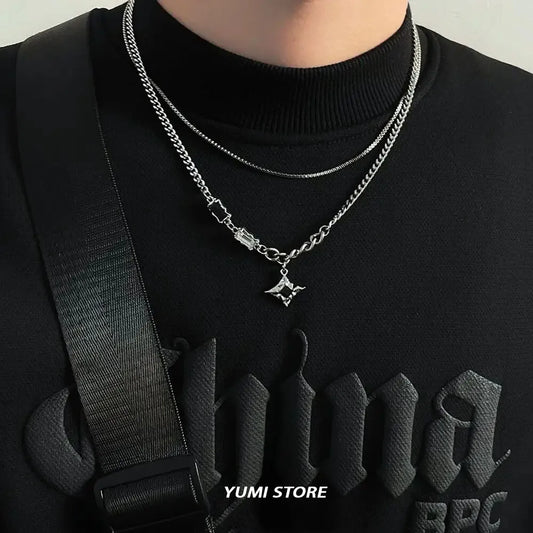 Hip Hop Zircon Star Double Layer Necklace For Men Women Trend Charm