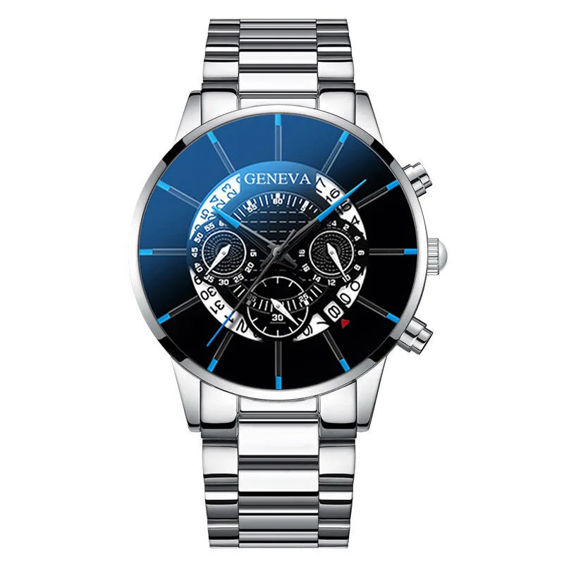 2pcs Luxury Men Business Watch Stainless Steel Calendar Big Dial