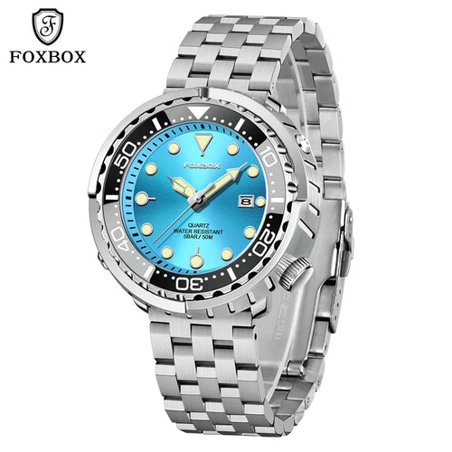 FOXBOX  Top Brand Fashion Diver Watch Men 50ATM Waterproof Date Clock