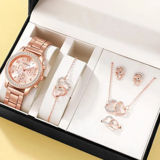 6PCS Set Rose Gold Luxury Watch Women Ring Necklace Earring Rhinestone