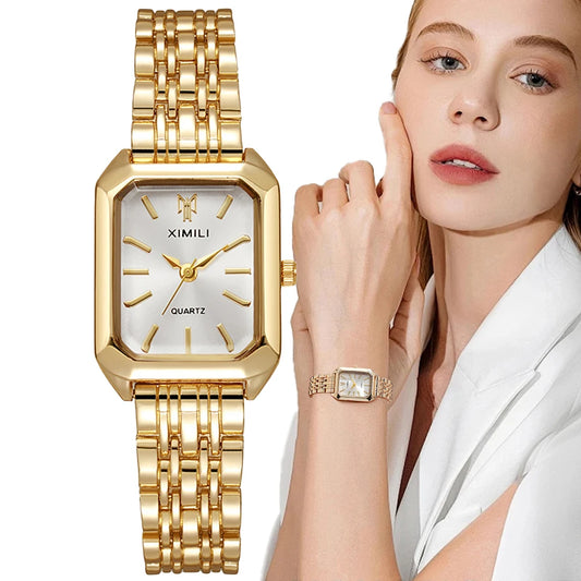 Luxury Ladies Fashion Quartz Watch Simple Scale Square Quality Gold