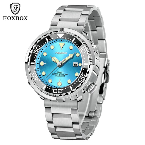 FOXBOX  Top Brand Fashion Diver Watch Men 50ATM Waterproof Date Clock