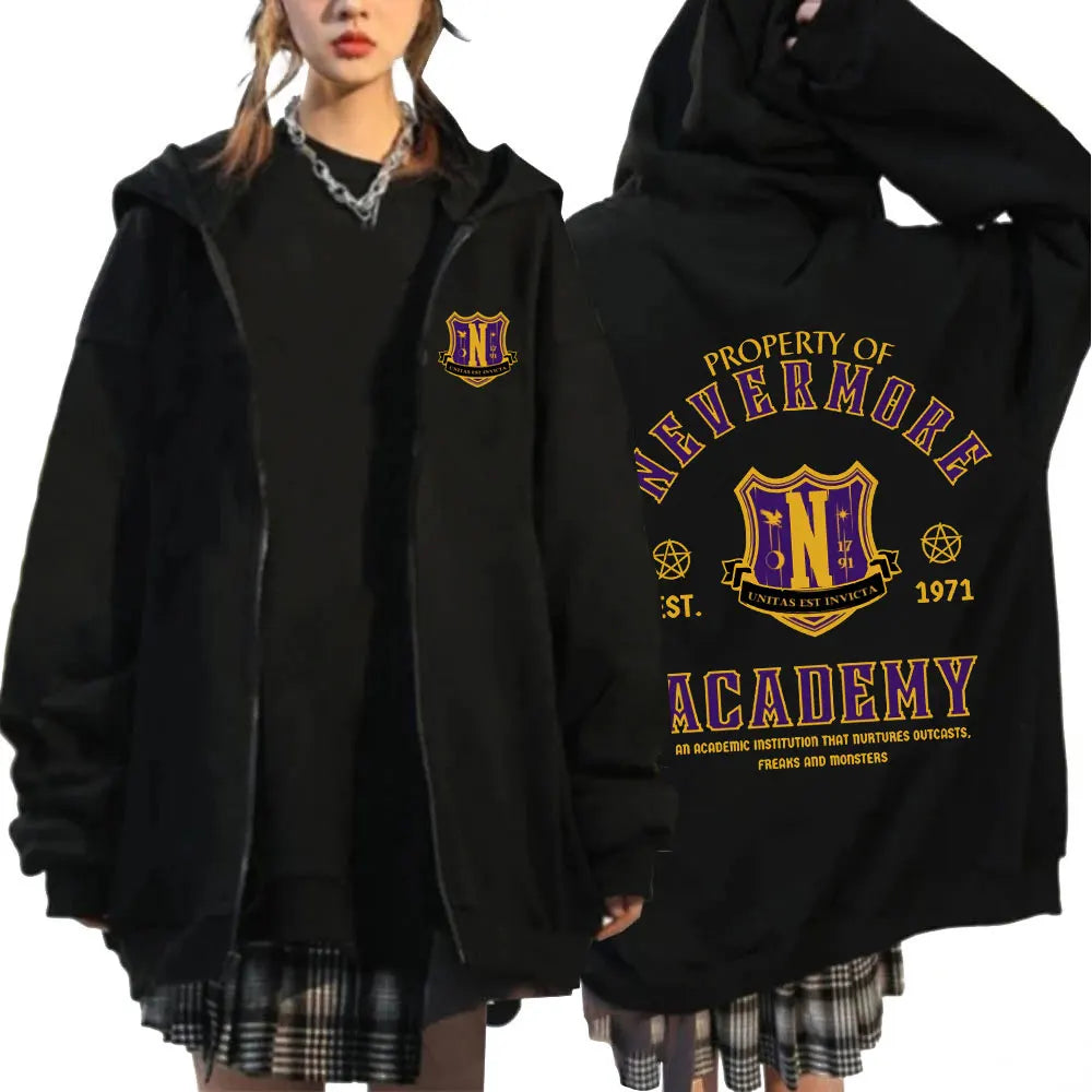 Wednesday Addams Nevermore Academy Zipper Hoodie Sweatshirts Harajuku