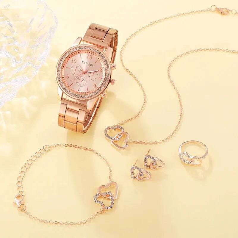 6PCS Set Rose Gold Luxury Watch Women Ring Necklace Earring Rhinestone