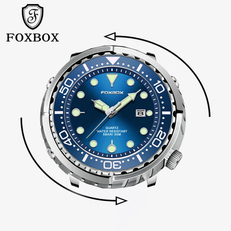 FOXBOX  Top Brand Fashion Diver Watch Men 50ATM Waterproof Date Clock