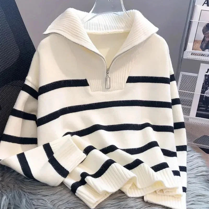 Sweater pullover women Spring and Autumn underwear New zipper stripe