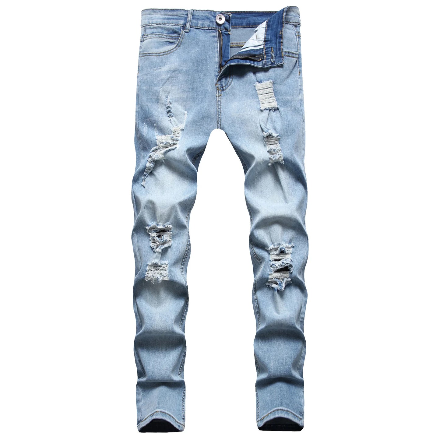 2024 New European and American Style Men's Ripped and Faded Slim-fit