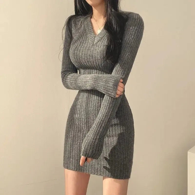 Women Knit Slim Sexy Bodycon Dress V-Neck Long Sleeve Dress Solid