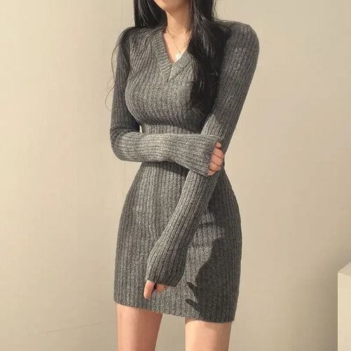 Women Knit Slim Sexy Bodycon Dress V-Neck Long Sleeve Dress Solid