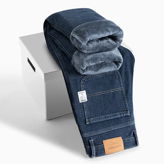 Winter Korean Fashion Brushed Jeans for Men's Thickened Warm Elastic