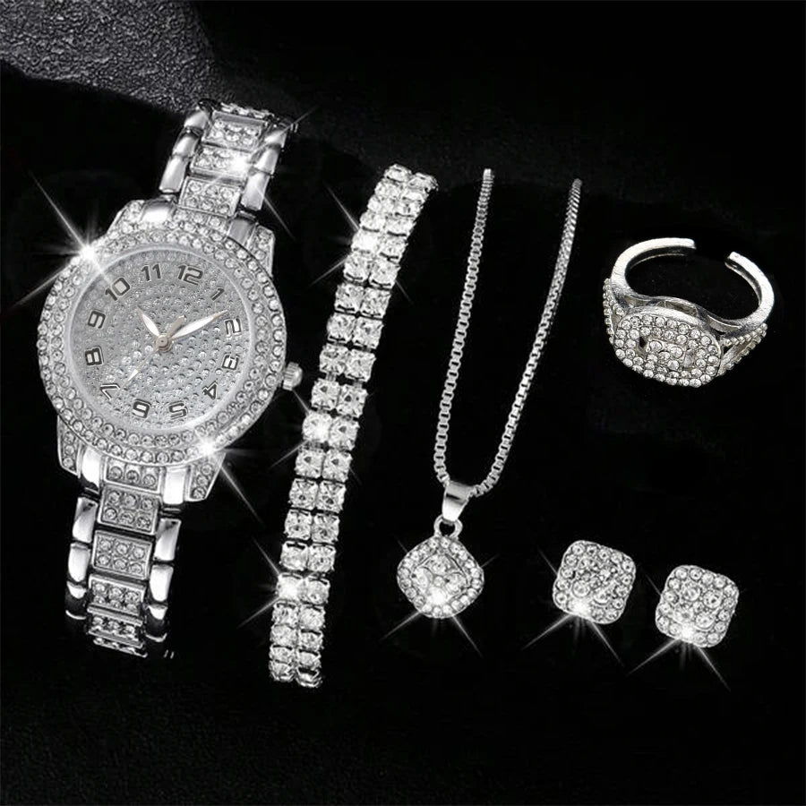 6PCS Women Watch Luxury Elegant Alloy Watch Crystal Wristwatch For