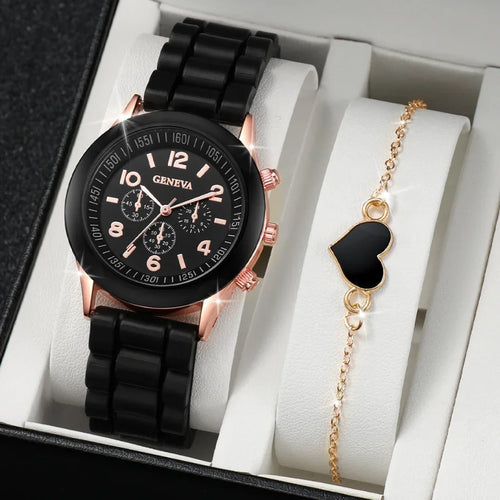 2PCS Set Luxury Watch Women Rhinestone Fashion Quartz Wristwatch