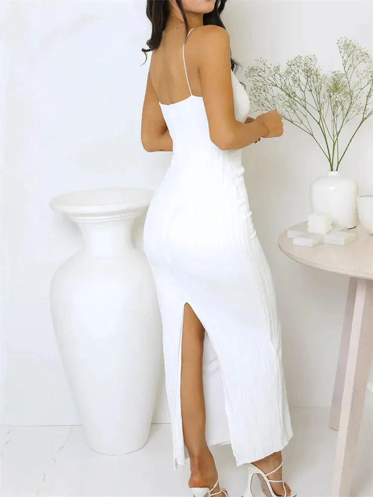 Sexy Women Long Dress Ruched Sleeveless Slim Solid Summer Party Back