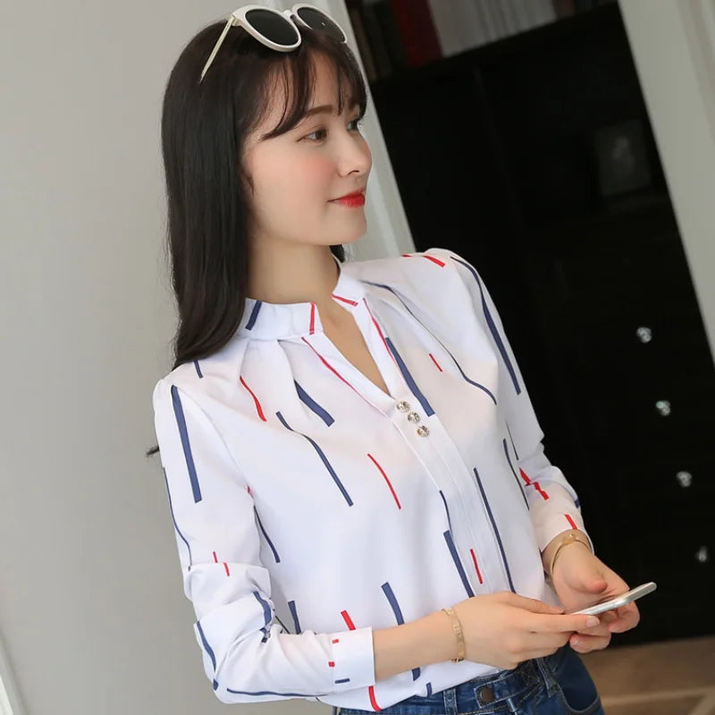 Stripe Women Blouse Fashion Standing Collar Women's Shirt Long Sleeved