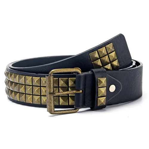 2023New Square Bead Rivet Belt Metal Pyramid Belt Men and Women Punk