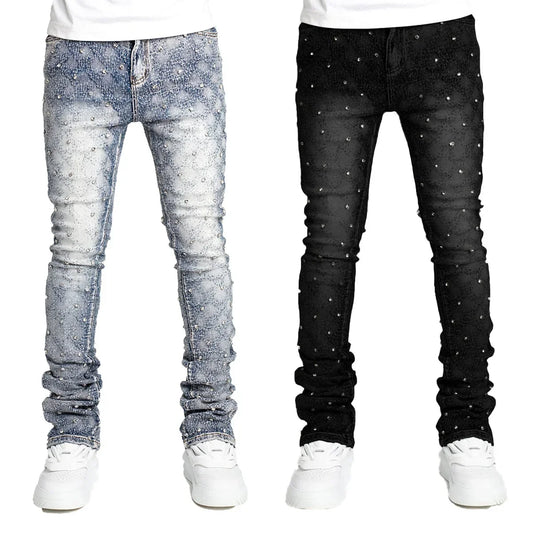 Mens Jeans Fashion Straight Stretch Pearl Denim Laminated Pants for