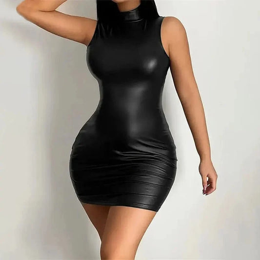 Party Bodycon Pu Leather Lady s Solid Color Dress Sexy Sleeveless Slim