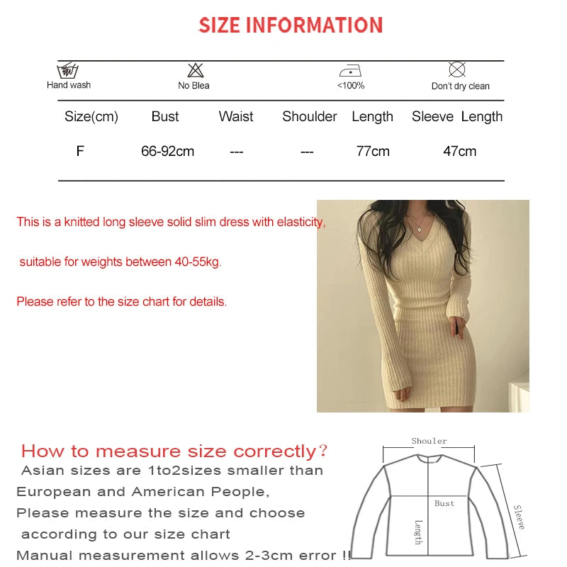 Women Knit Slim Sexy Bodycon Dress V-Neck Long Sleeve Dress Solid