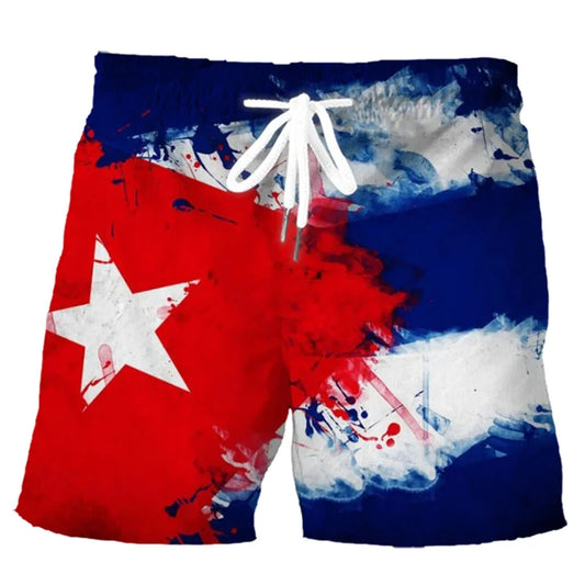 Retro 3D Printed Cuban Flag Beach Shorts Men Summer Casual Street Cube