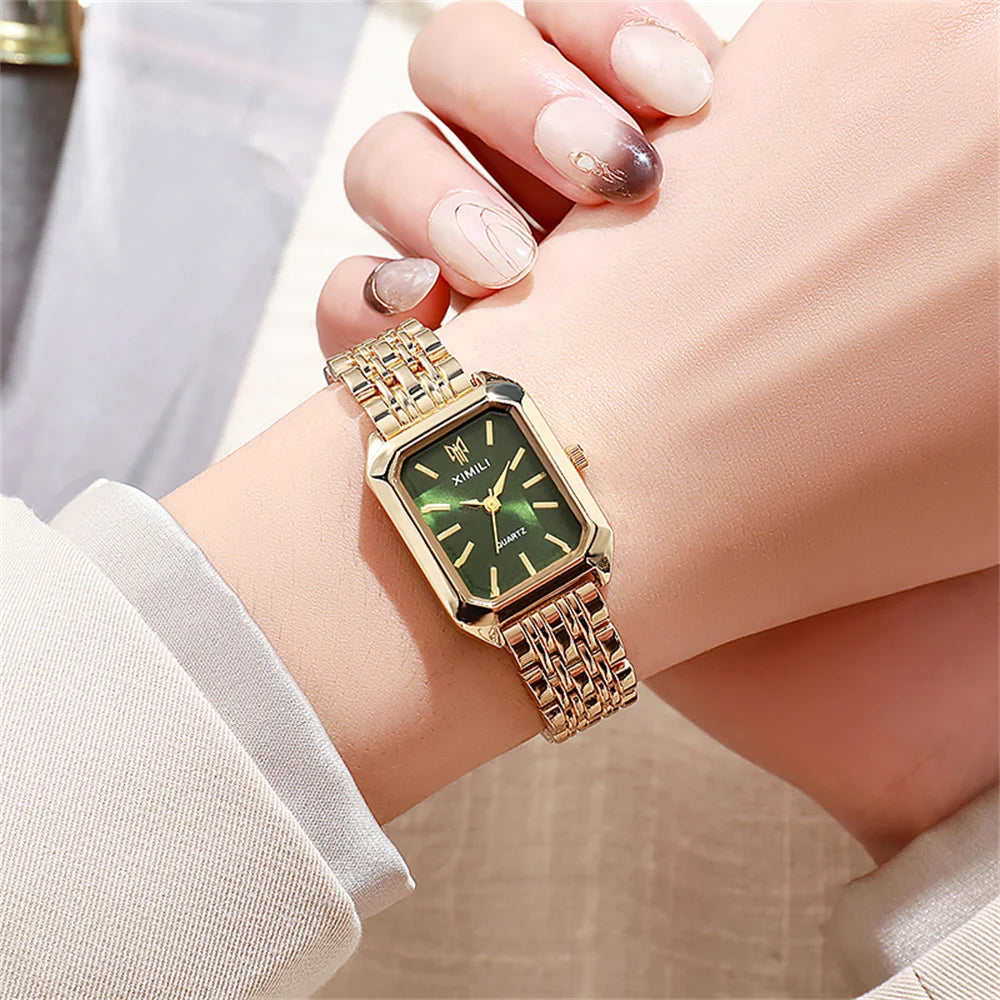 Luxury Ladies Fashion Quartz Watch Simple Scale Square Quality Gold