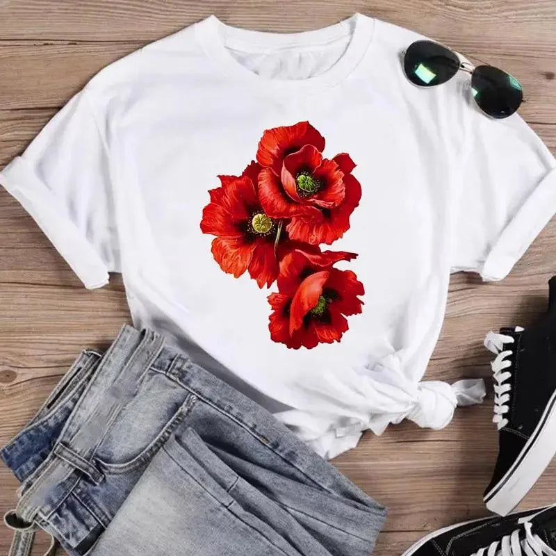 Print Fashion Watercolor Spring Flower 2024 Women Cartoon Short Sleeve