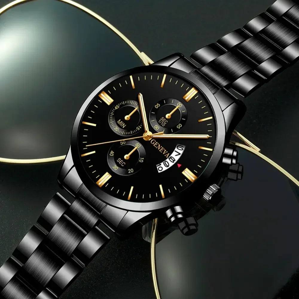 Fashion Men Black Stainless Steel Watch Luxury Calendar Quartz Wrist