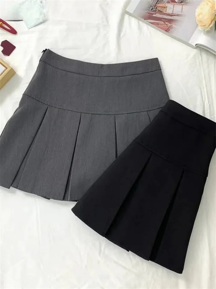 Vintage Gray Pleated Skirt Women Kawaii High Waist Mini Skirts Korean