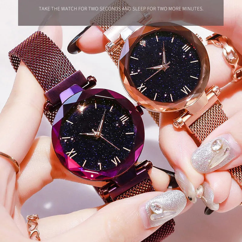 Womens Fashion Starry Sky Watches Magnet Buckle Mesh Belt Diamond