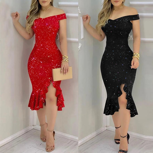 Women's Dress Sexy Summer Off Shoulder Short Sleeve Sequin Ruffle