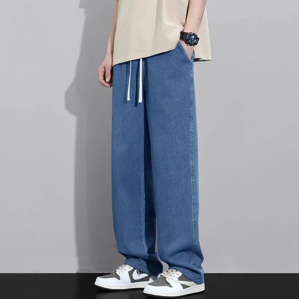 Street Fashion Trend Loose Versatile Wide Leg Jeans Men Elastic Waist