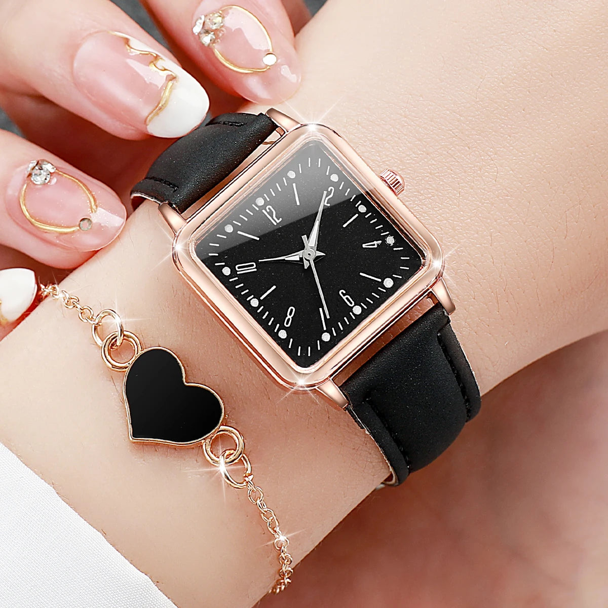 2PCS/Set Fashion Square Women's Watch Leather Band Quartz Watches