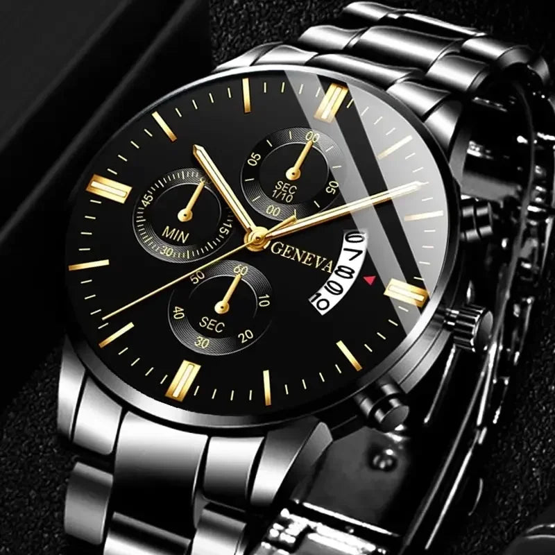 Fashion Men Black Stainless Steel Watch Luxury Calendar Quartz Wrist