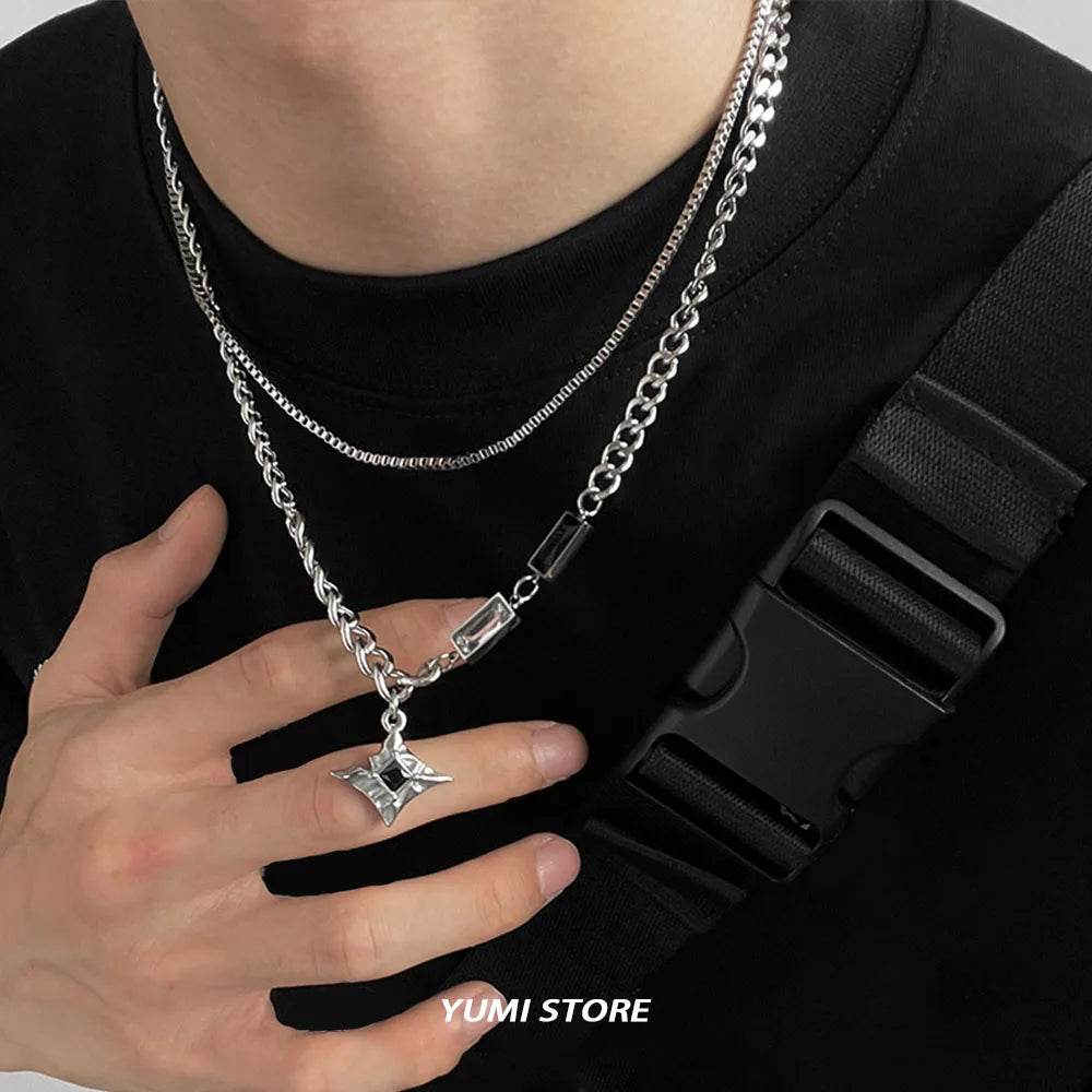 Hip Hop Zircon Star Double Layer Necklace For Men Women Trend Charm