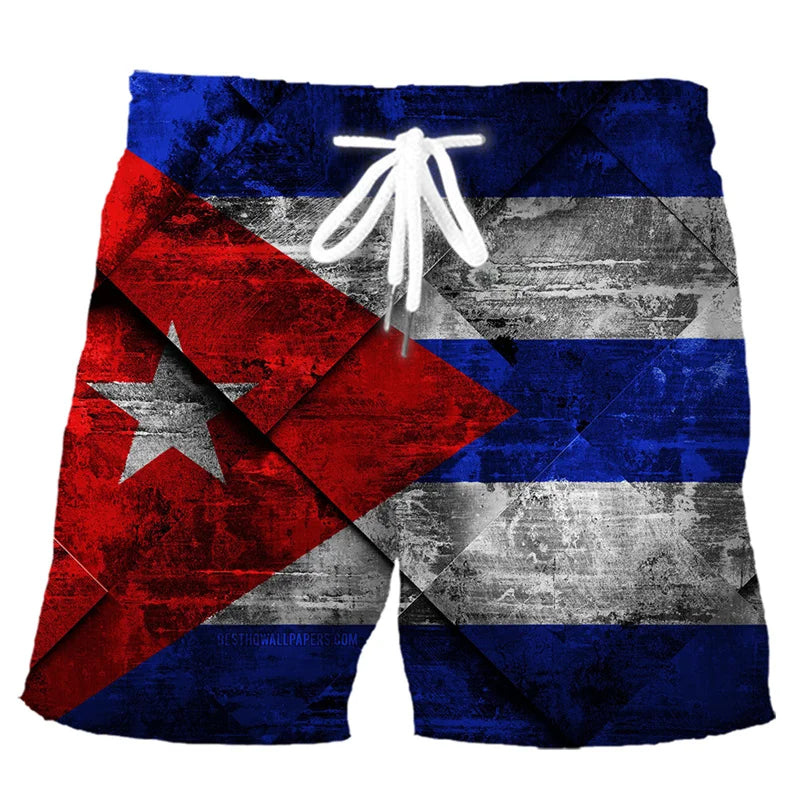 Retro 3D Printed Cuban Flag Beach Shorts Men Summer Casual Street Cube