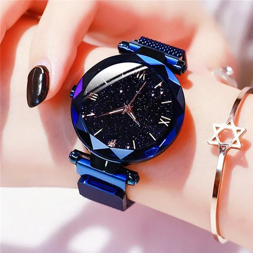 Womens Fashion Starry Sky Watches Magnet Buckle Mesh Belt Diamond